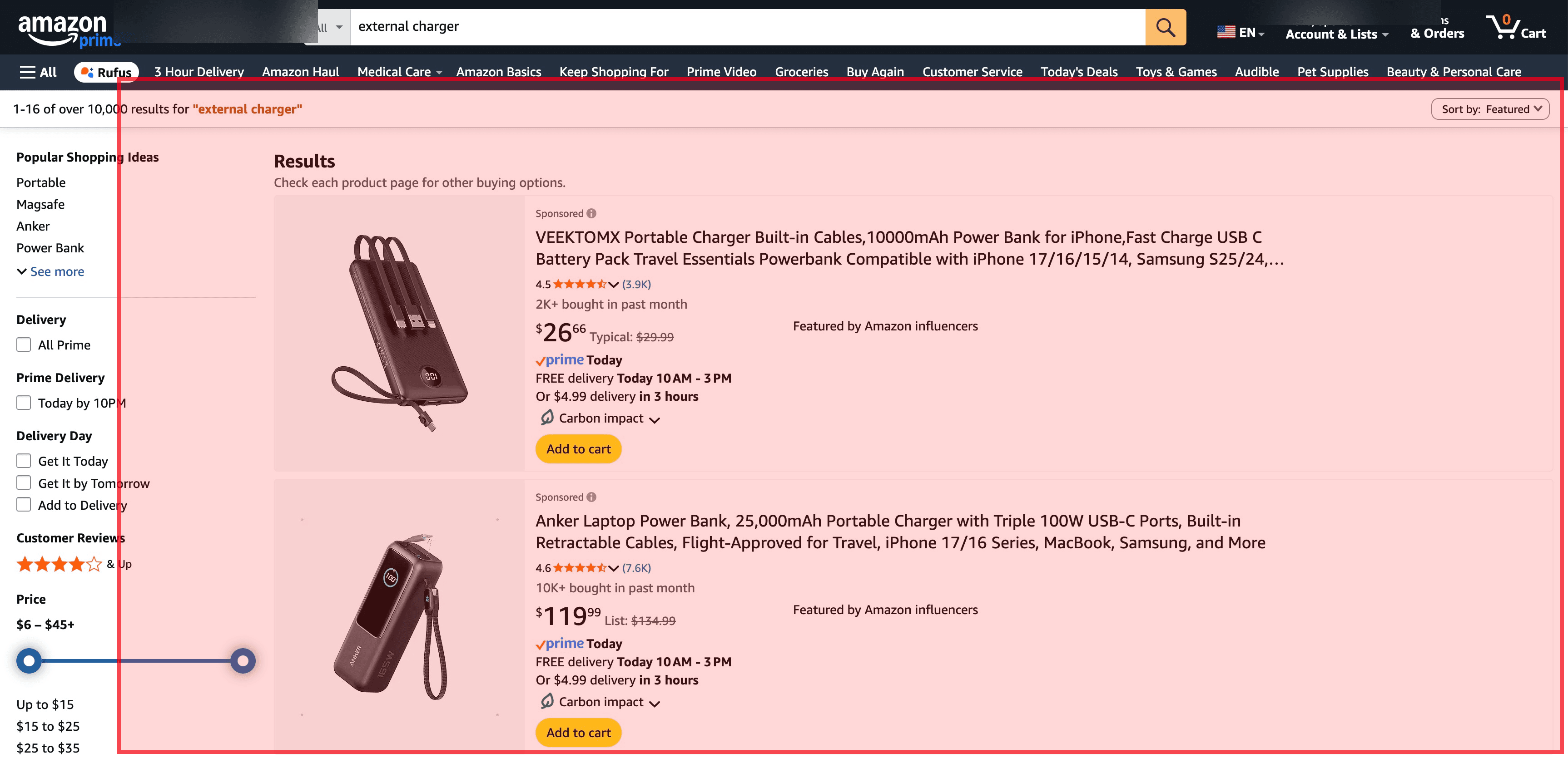 Amazon search for external charger without ad blocker — all results are sponsored ads