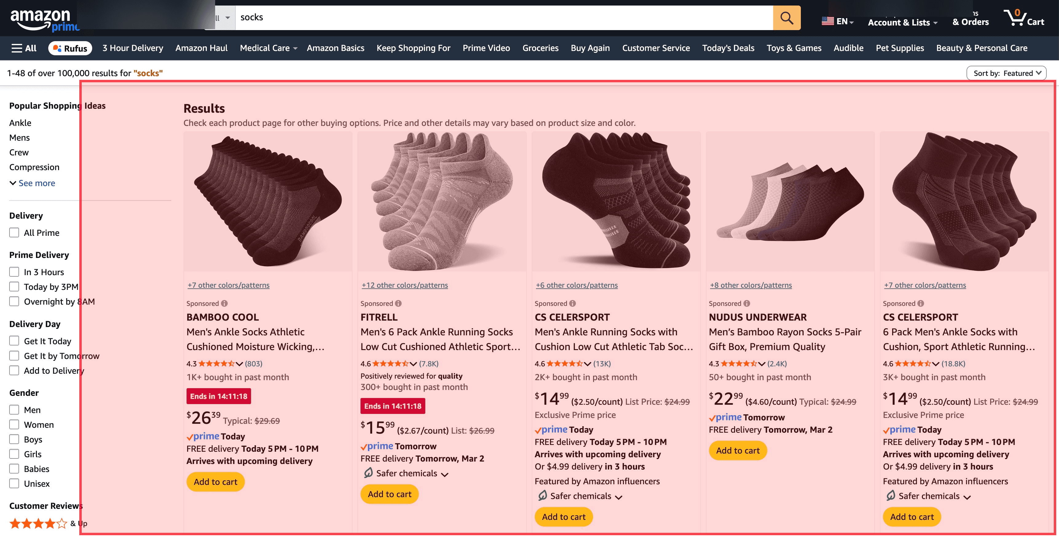 Amazon search for socks without ad blocker — every visible result is a sponsored ad